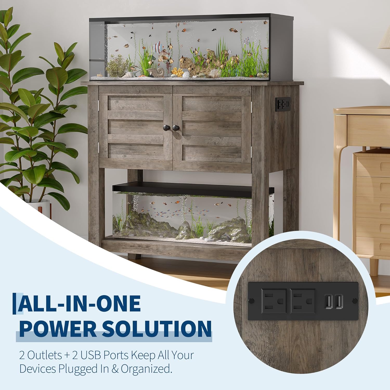 Garvee Heavy Duty Aquarium Stand with Charging Station - 20-29 Gallon Capacity - Dual Tier Storage Cabinet - Magnetic Double Doors - Anti-Tip Design - Modern Living Room Furniture Set - Gray