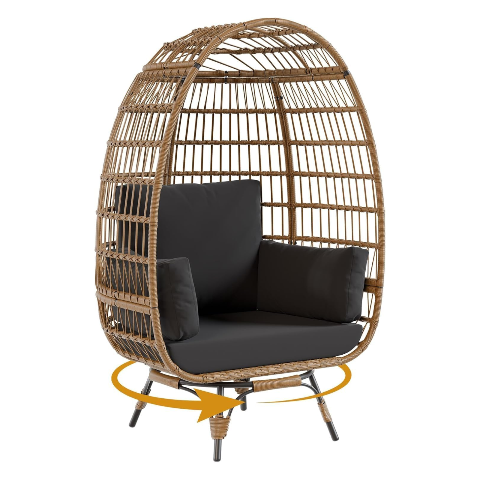 Garvee 360° Swivel Egg Chair, Oversized Patio Rotating Basket Chair, Steel Frame and Metal Base, Waterproof, PE Rattan Lounge Chair for Indoor & Outdoor Patio, Living Room, and Backyard, Black
