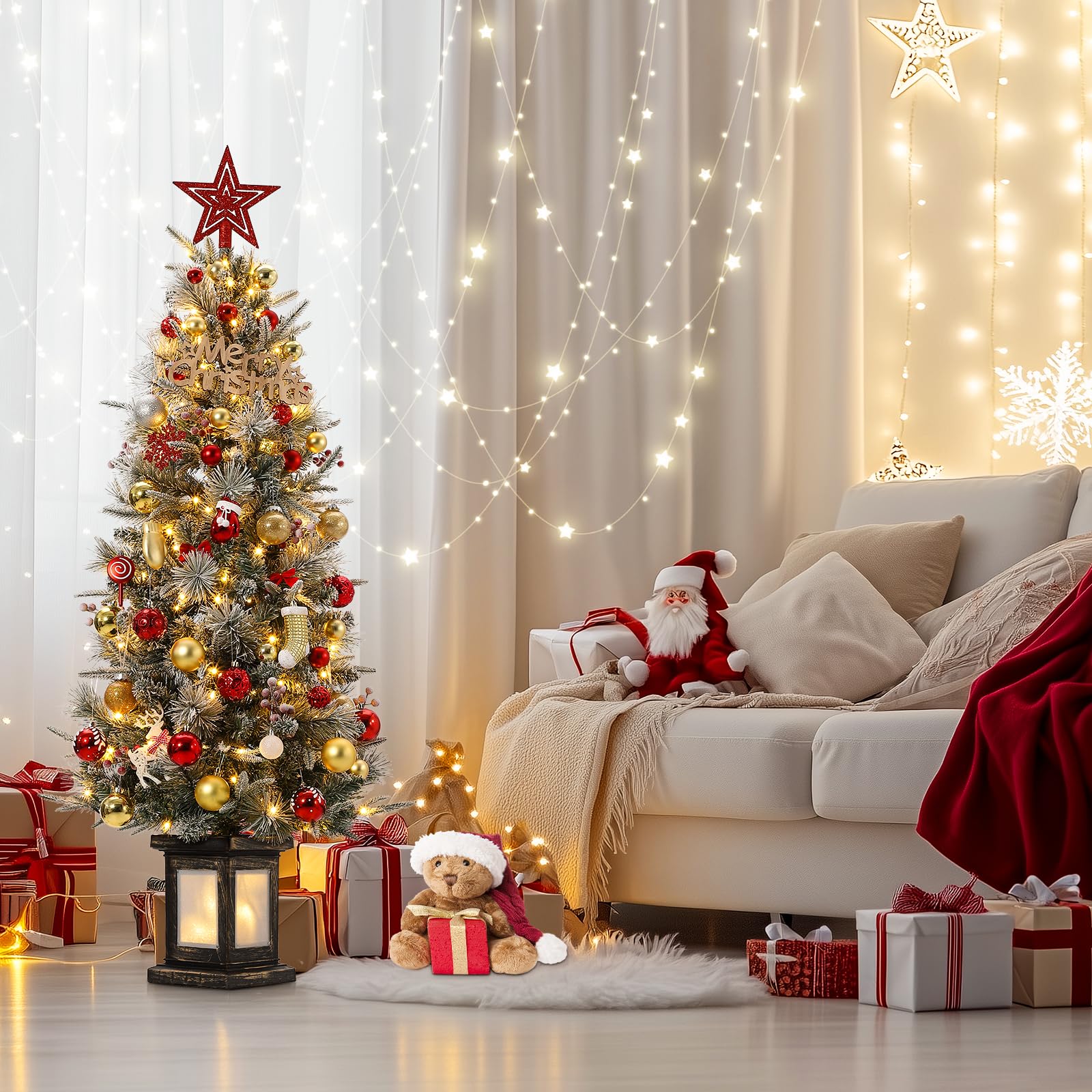 Garvee 4.5ft Christmas Tree, Pre Lit Snow Flocked Artificial Christmas Tree with 200 LED Lights & 8 Lighting Modes, Premium Xmas Pine Tree for Christmas Decoration, Yard, Home, Office