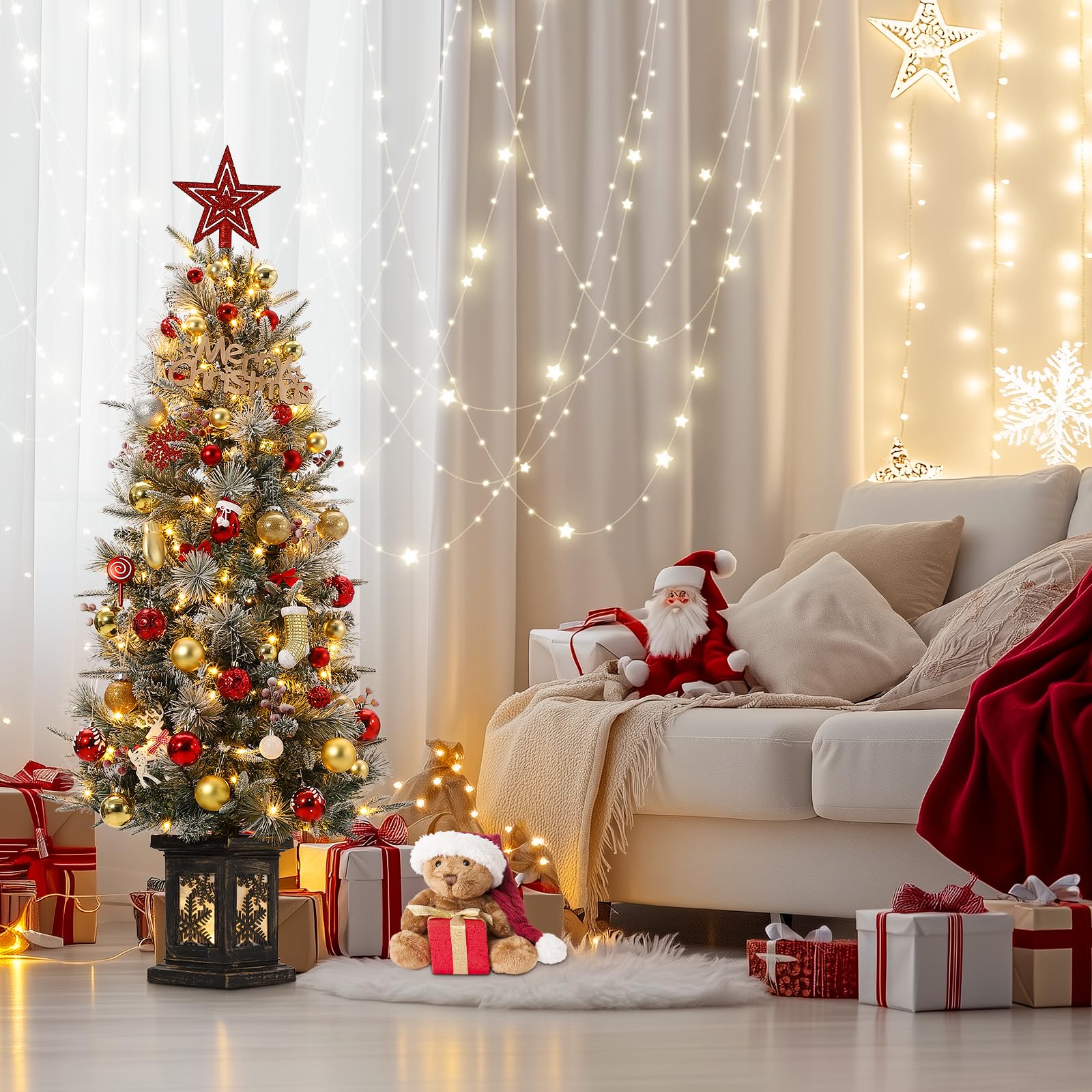 Garvee 4.5ft Christmas Tree, Pre-Lit Artificial Christmas Tree with Snowflake Base, 200 LEDs & 8 Lighting Modes, Prelit Xmas Pine Tree Christmas Decoration for Yard, Home, Office, Entrances