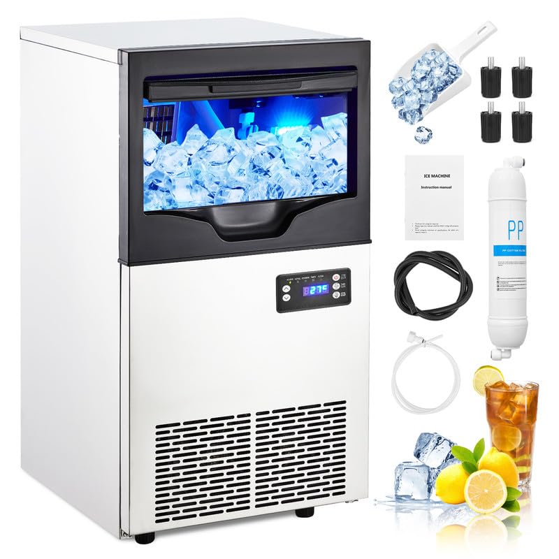 Garvee 100LBS/24H Ice Maker with 33LBS Bin, Automatic Stainless Steel, for Home Bar, Including Water Filter, Scoop, Connection Hos