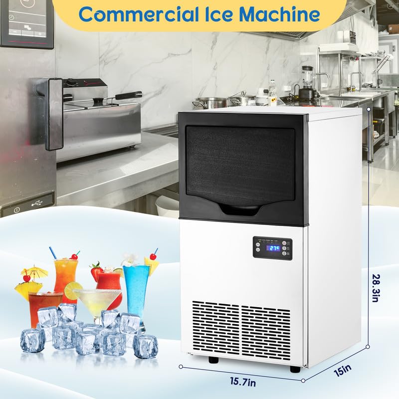 Garvee 100LBS/24H Ice Maker with 33LBS Bin, Automatic Stainless Steel, for Home Bar, Including Water Filter, Scoop, Connection Hos
