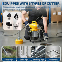 Garvee Drain Auger Sewer Snake - Portable Electric Drain Cleaner with Auto Feed, 500W Motor, Steel Cables & 6 Cutters, Heavy-Duty Steel (Yellow), for 1.6"-4" Pipes, Ideal for Home & Professional Use