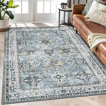 Garvee Washable Rugs 8 x 10 Rug for Living Room Boho Vintage Area Rug for Bedroom Indoor Floral Bohemian Oriental Large Rug Soft Non Shedding Stain Resistant Carpet for Dining Room 8'x10' Blue
