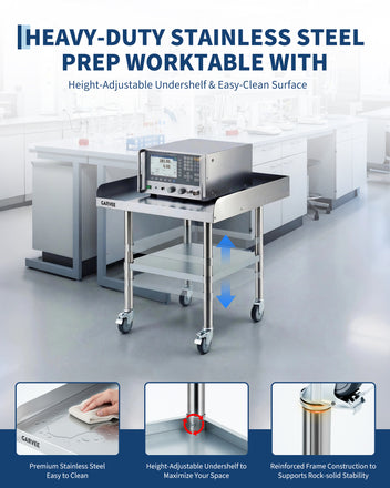 Garvee Heavy Duty Stainless Steel Commercial Work Table - 24x30 Inch - 3-Sided Detachable Backsplash - Adjustable Undershelf - Locking Casters - Mobile Food Prep Station for Restaurant, Kitchen, Garage, Bakery - Size: 24x30 inches