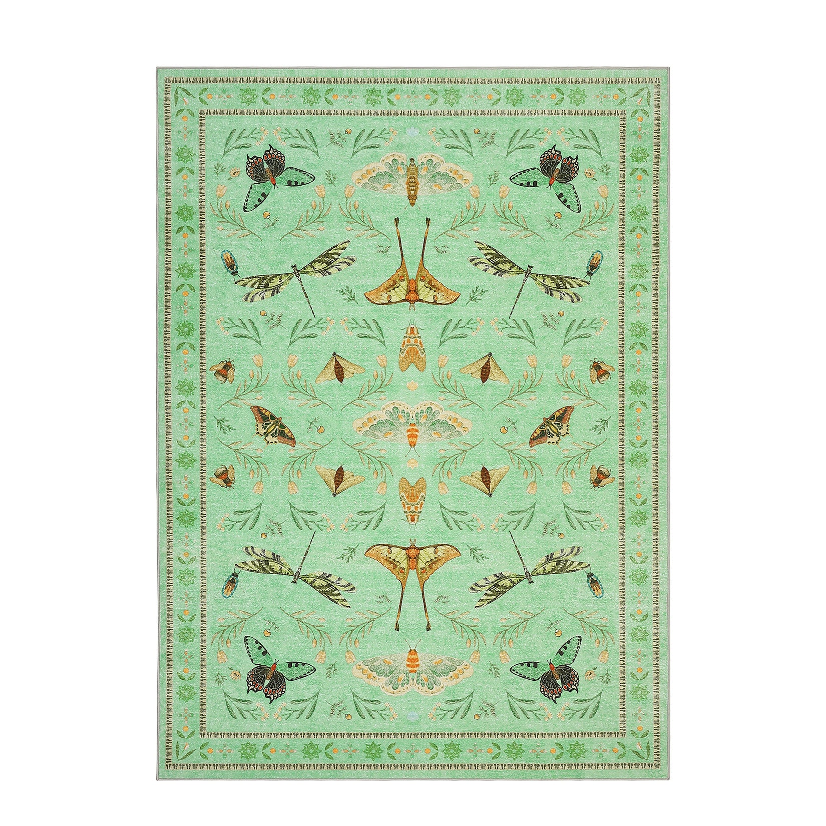 Garvee 6' x 9' Botanical Insect Area Rug, Washable Non-Slip Soft Low-Pile Moth, Butterfly & Dragonfly Rug for Living Room & Bedroom, Light Green