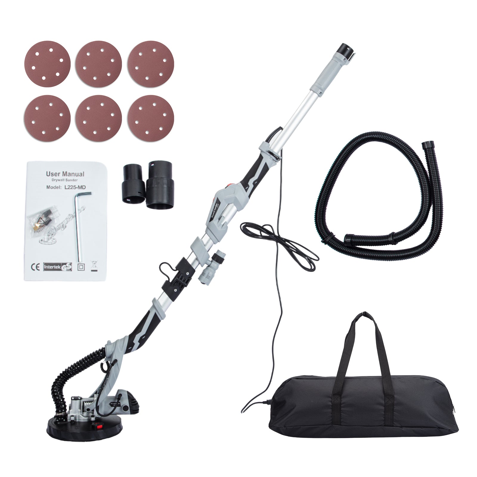 Garvee Drywall Sander, 710W Electric Sander Tool with Variable Speed 800-1700RPM, 6.6ft Dust Hose with LED Light, Extendable & Foldable Handle, 6 Pcs Sanding Discs, Carrying Bag