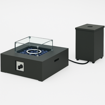 Garvee 2-Piece 36" Outdoor Propane Firepit Set - 50000 BTU Gas Fire Pit Table with 16" Tank Side Table, Removable Lid, Wind Guard, Blue Glass Rocks, Rain Cover