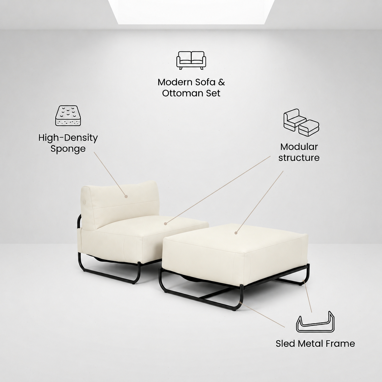 Garvee Outdoor Cloud Chaise Lounge Chair with Ottoman, Olefin Fabric Patio Lounge Sofa with Removable Off-White Cushion & Metal Frame