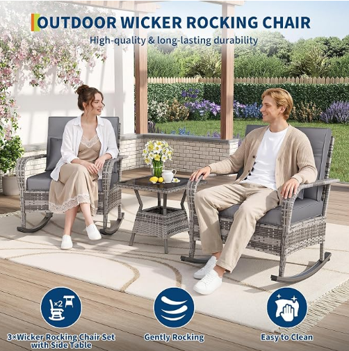 Garvee 3-Piece Rattan Patio Rocking Chair Set with Cushions, 2-Tier Glass Table for Porch, Balcony, Garden