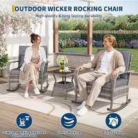 Garvee 3-Piece Rattan Patio Rocking Chair Set with Cushions, 2-Tier Glass Table for Porch, Balcony, Garden