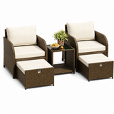 Garvee 5-Piece Outdoor Rattan Sofa Set – All-Weather Wicker Patio Furniture with Tempered Glass Coffee Table, Padded Beige Cushions, Ottomans – Ideal for Patio, Garden, Balcony – Gradient Brown Rattan + Beige Fabric - Beige