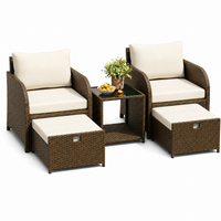 Garvee 5-Piece Outdoor Rattan Sofa Set – All-Weather Wicker Patio Furniture with Tempered Glass Coffee Table, Padded Beige Cushions, Ottomans – Ideal for Patio, Garden, Balcony – Gradient Brown Rattan + Beige Fabric