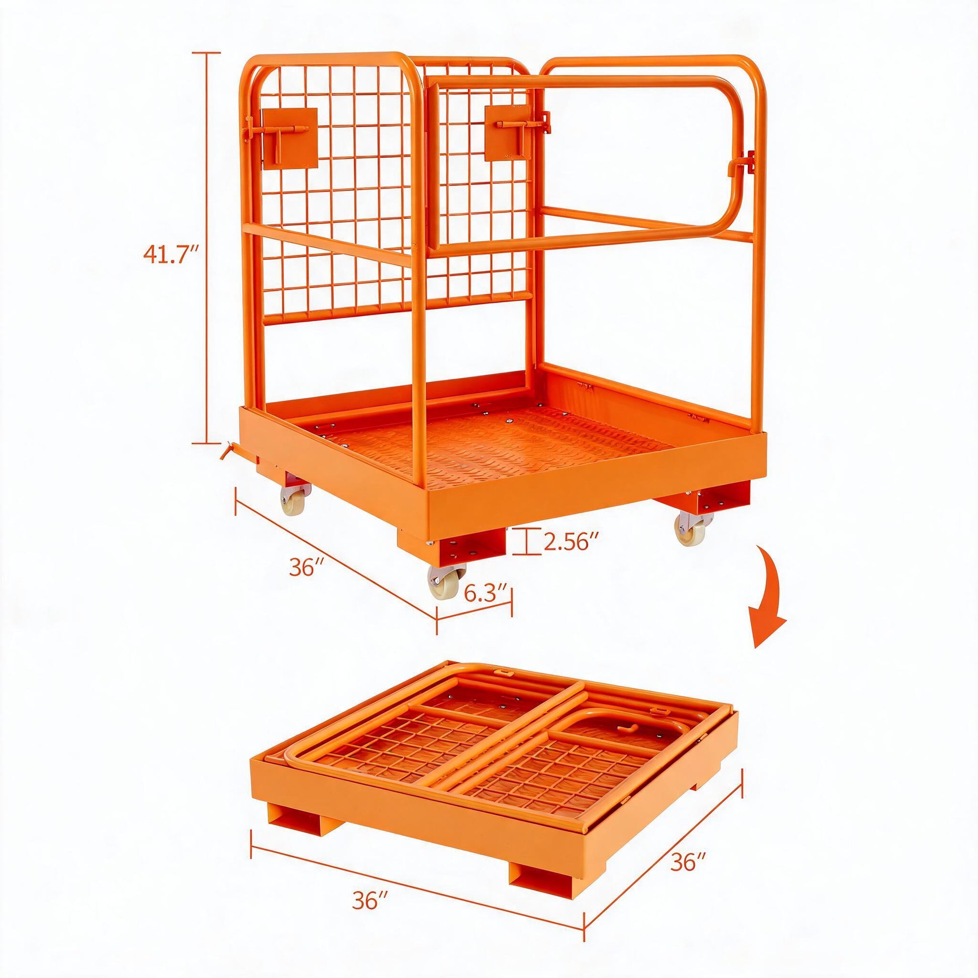 Garvee 36" × 36" Forklift Safety Cage, 1800 lb Foldable Steel Man Basket with Guardrail Chain & Anti-Slip Deck, Orange