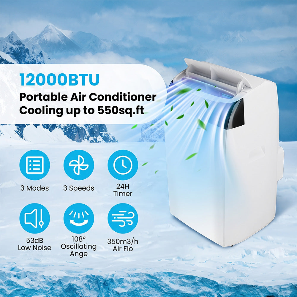Garvee 12000 BTU 3-in-1 Portable AC Unit | Cools 550 sq.ft with Fast Auto Cooling | Quiet Air Conditioner with Dehumidifier for Bedroom & Living Room - White