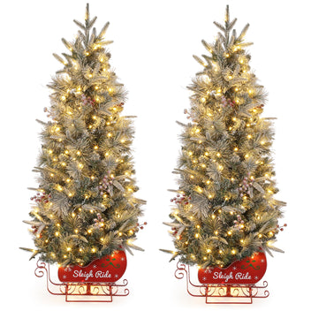 Garvee 4.5 ft Prelit Snow Flocked Christmas Tree with Sleigh Ride Base, Artificial Xmas Tree with 200 Lights, 12 Ball Ornaments, Small Christmas Tree for Home, Office