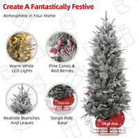 Garvee 4.5 ft Prelit Snow Flocked Christmas Tree with Sleigh Ride Base, Artificial Xmas Tree with 200 Lights, 12 Ball Ornaments, Small Christmas Tree for Home, Office