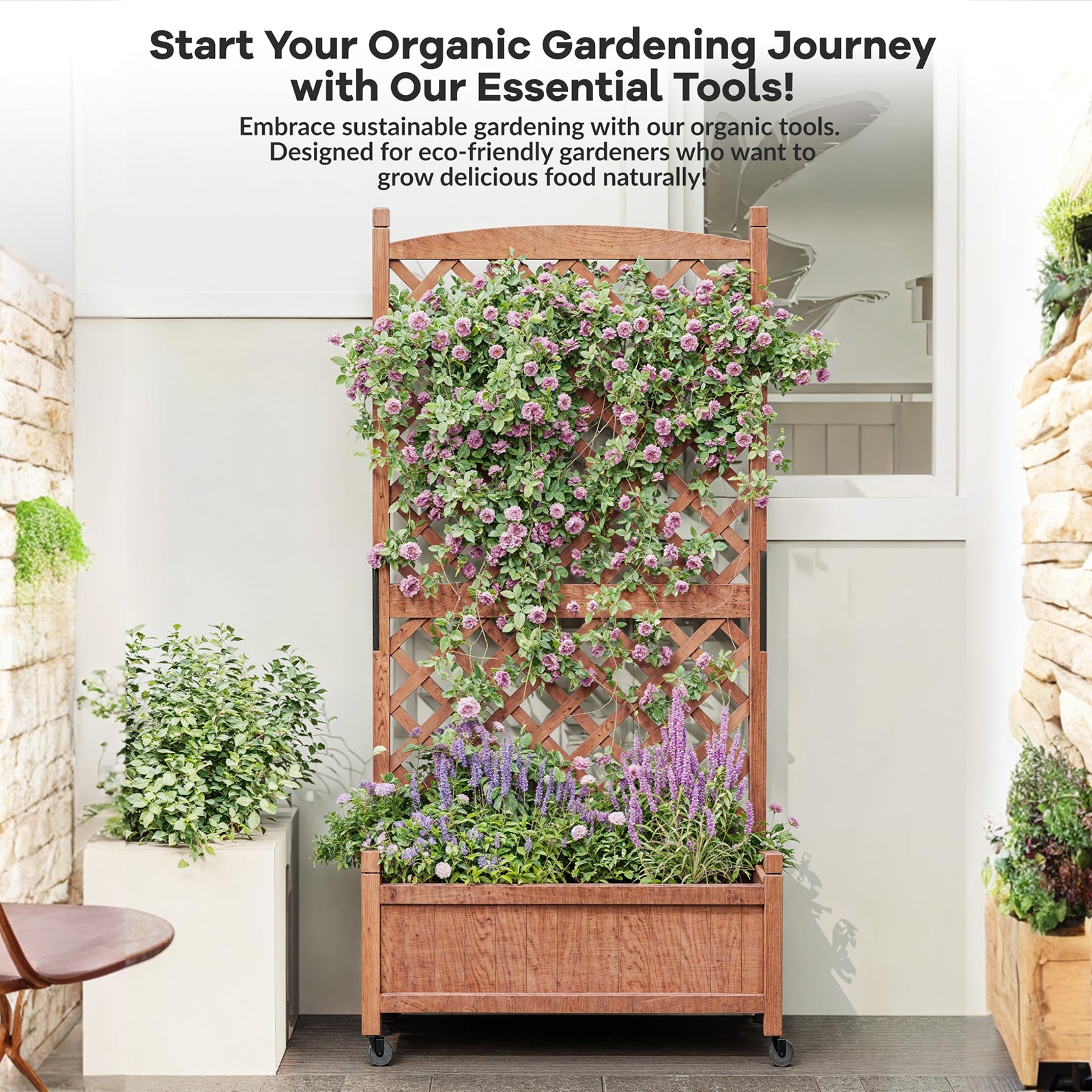 Garvee 29.5"x13"x60" Wood Planter Box with Trellis - Raised Garden Bed with Wheels, Vertical Standing Planter with Drainage Holes for Patio Garden