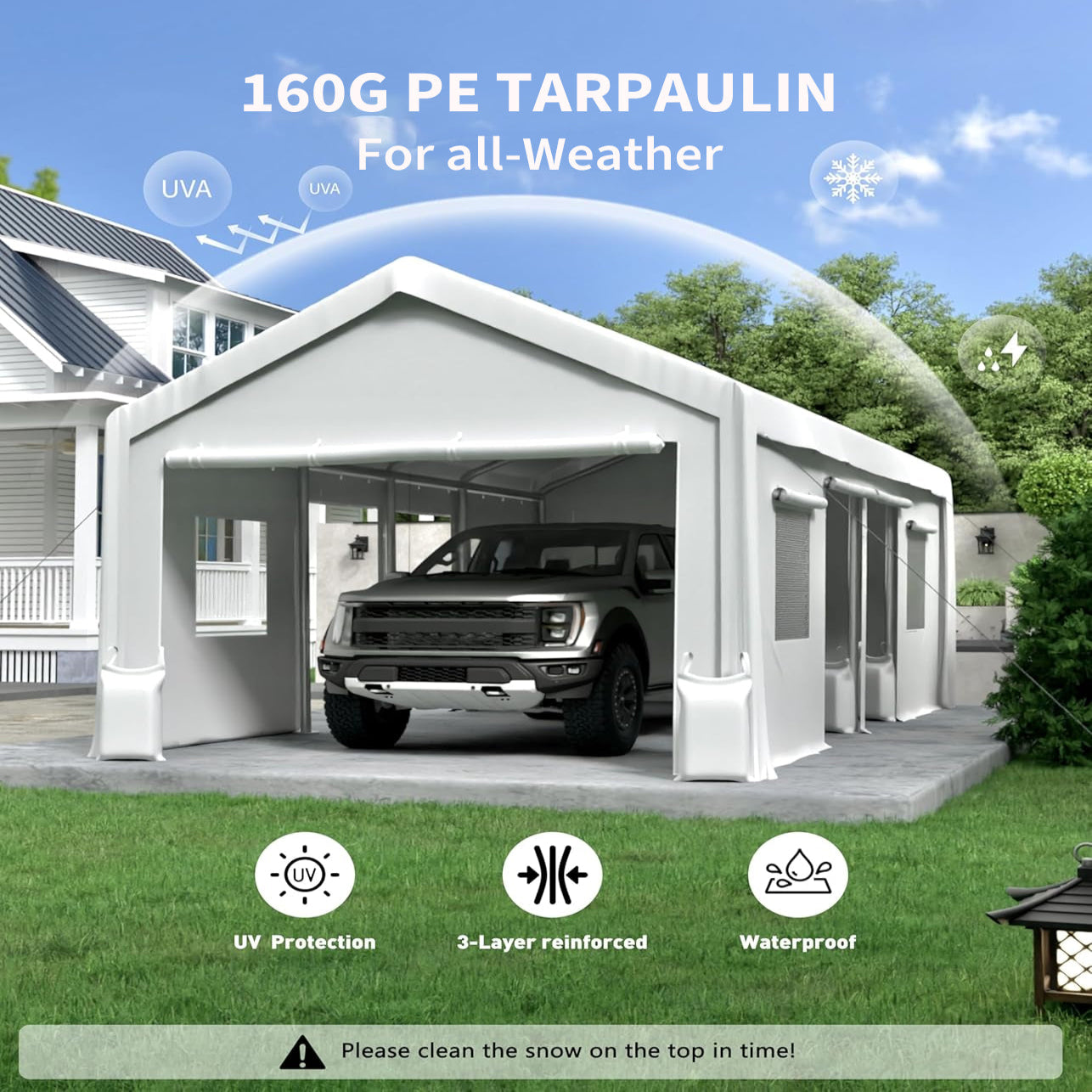Garvee 13'x20' 160G Heavy-Duty Carport Replacement Cover Waterproof UV Protected for Garage Tent Shelter Outdoor White (Frame Not Included)