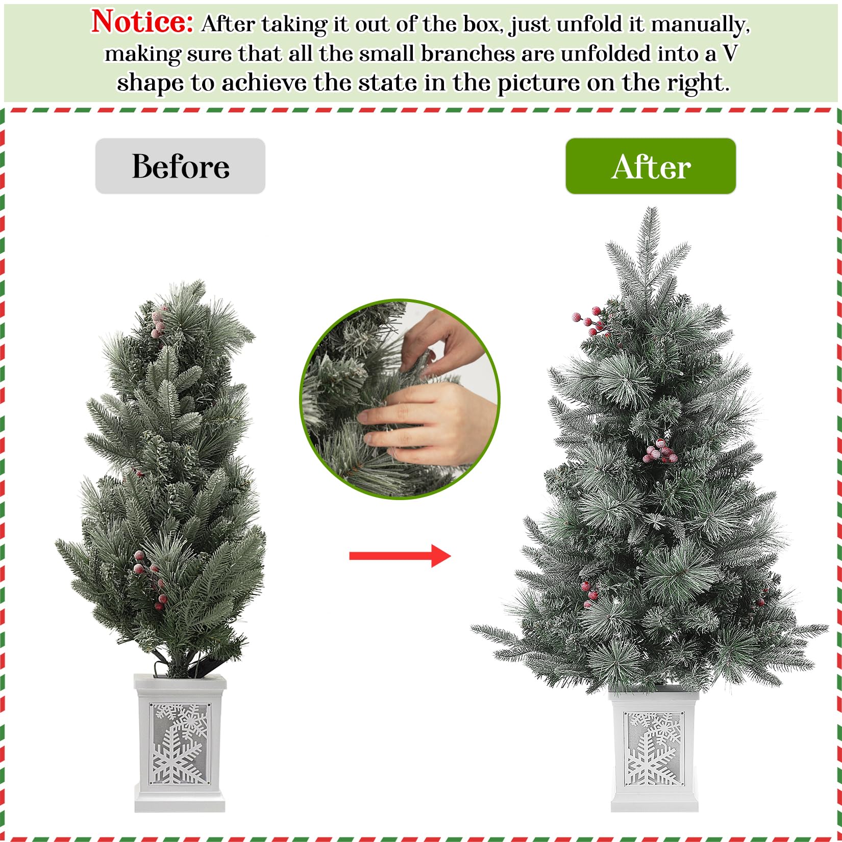 Garvee 3ft Prelit Artificial Christmas Tree with Snowflake Light Box Base, 78 Warm Lights & Red Berry for Front Door, Porch, Entryway, Fireside Christmas Decoration, Set of 2