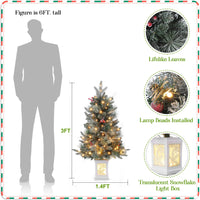 Garvee 3ft Prelit Artificial Christmas Tree with Snowflake Light Box Base, 78 Warm Lights & Red Berry for Front Door, Porch, Entryway, Fireside Christmas Decoration, Set of 2