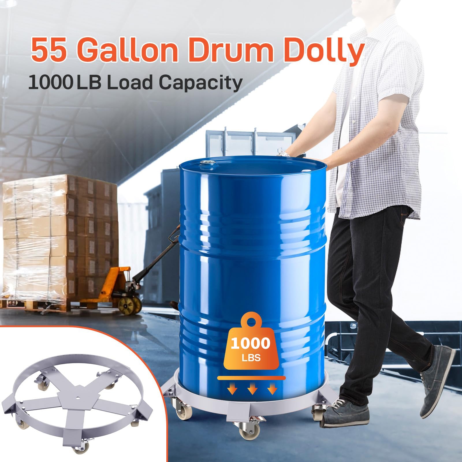 Garvee 55 Gallon Drum Dolly, 1000 lb Galvanized Steel Barrel Cart with 5 Swivel Casters and 2 Brakes, Silver