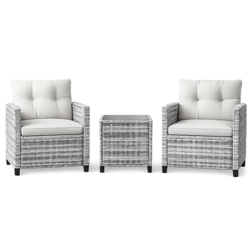 Garvee 3-Piece PE Rattan Patio Conversation Set, Outdoor Wicker Chairs with Cushions & Tempered Glass Table, Gray & Beige