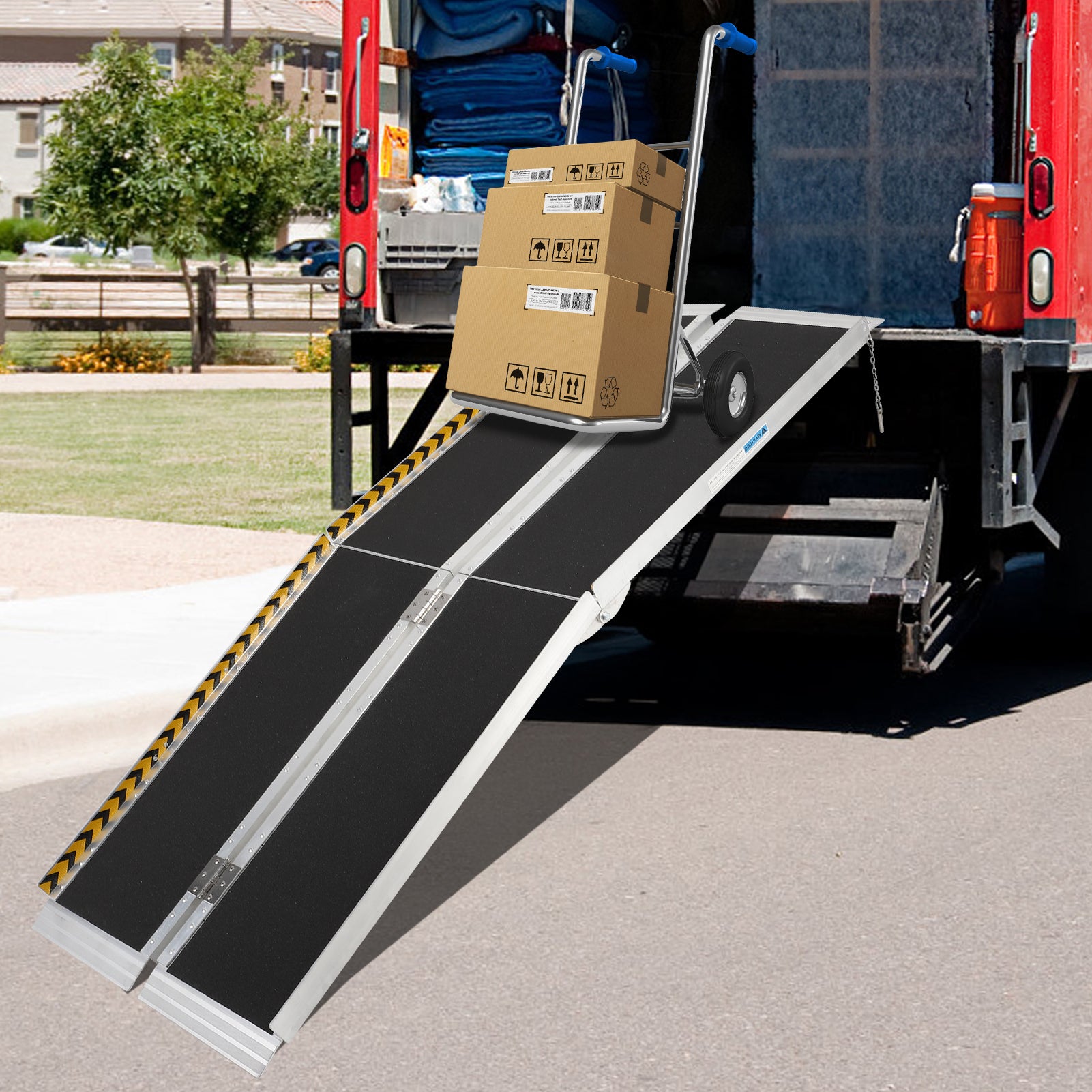 Garvee 8FT Portable Aluminum Wheelchair Ramp for Steps with Non-Skid Surface, Reflective Strips, Foldable Design, 600 Lbs Capacity, Home and Travel Use