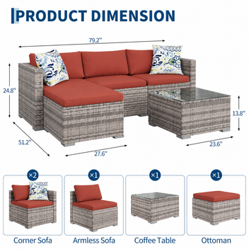Garvee 5-Piece All-Weather PE Wicker Modular Patio Sectional Sofa Set with Ottoman, Glass Table & Red Cushions