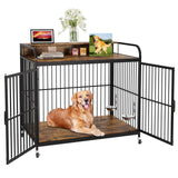 Garvee Wooden Dog Crate Furniture End Table with Adjustable Height & 360° Rotating Feeder, Heavy Duty Dog Crate with 360° Wheels, Dog Kennel Indoor, Medium - Brown