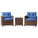 Garvee 3-Piece PE Rattan Patio Conversation Set, Outdoor Wicker Chairs with Cushions & Tempered Glass Table, Brown & Blue - Brown & Blue