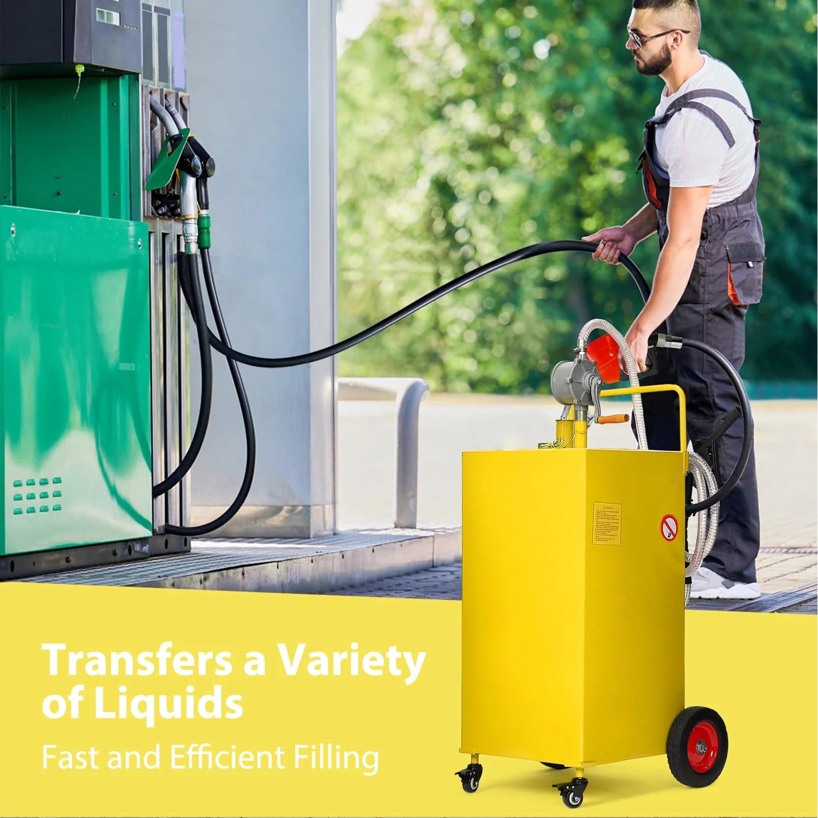 Garvee 35 Gal Fuel Caddy with Manual Pump, Heavy Duty Gasoline & Diesel Transfer Tank, Portable Spill-Proof Fuel Container for Boat, Truck, Lawn Mower, ATV, Garage & Farm, Yellow