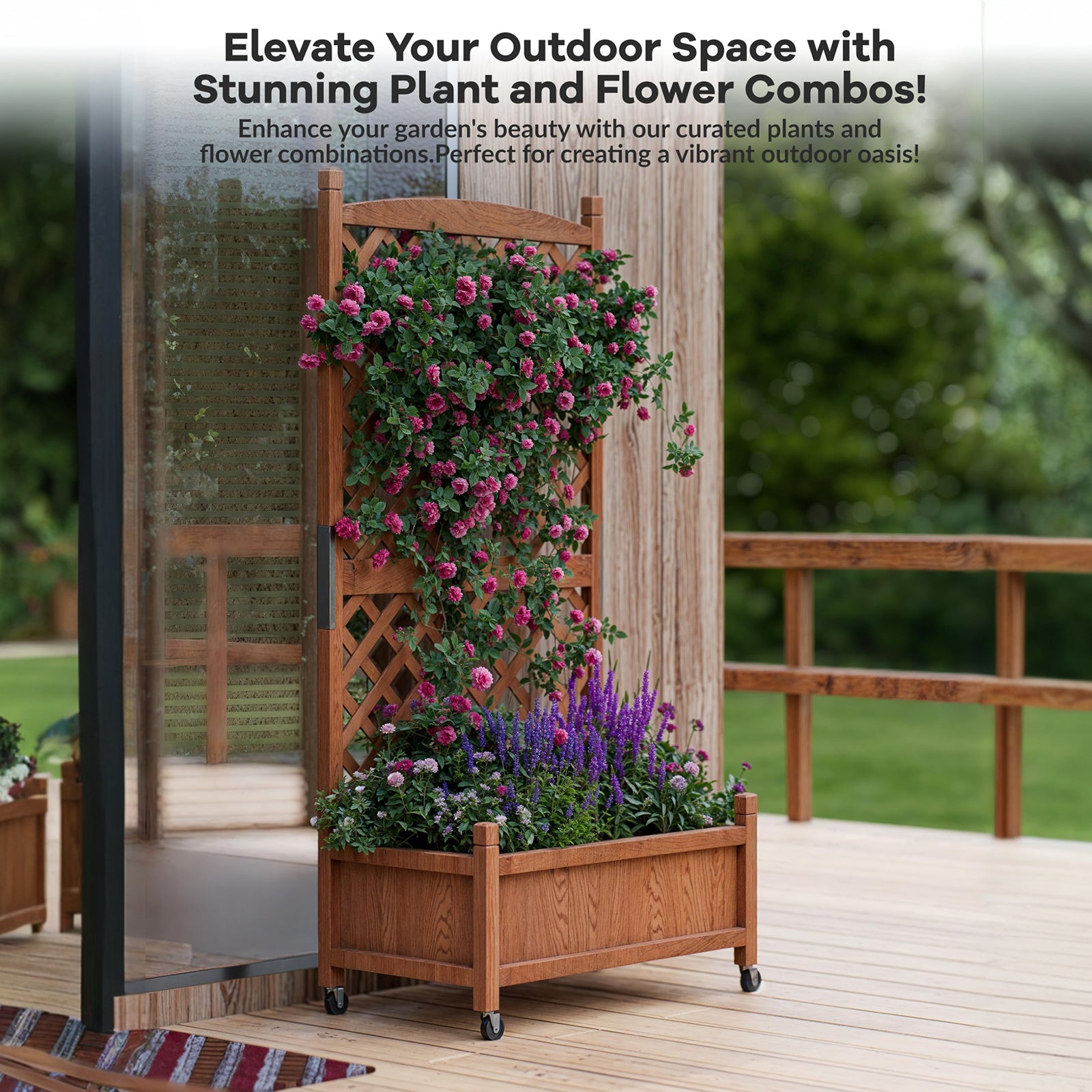 Garvee 2-Pack 29.5" × 13" × 60" Raised Garden Bed with Trellis, Wood Planter Box with Wheels & Drainage Holes