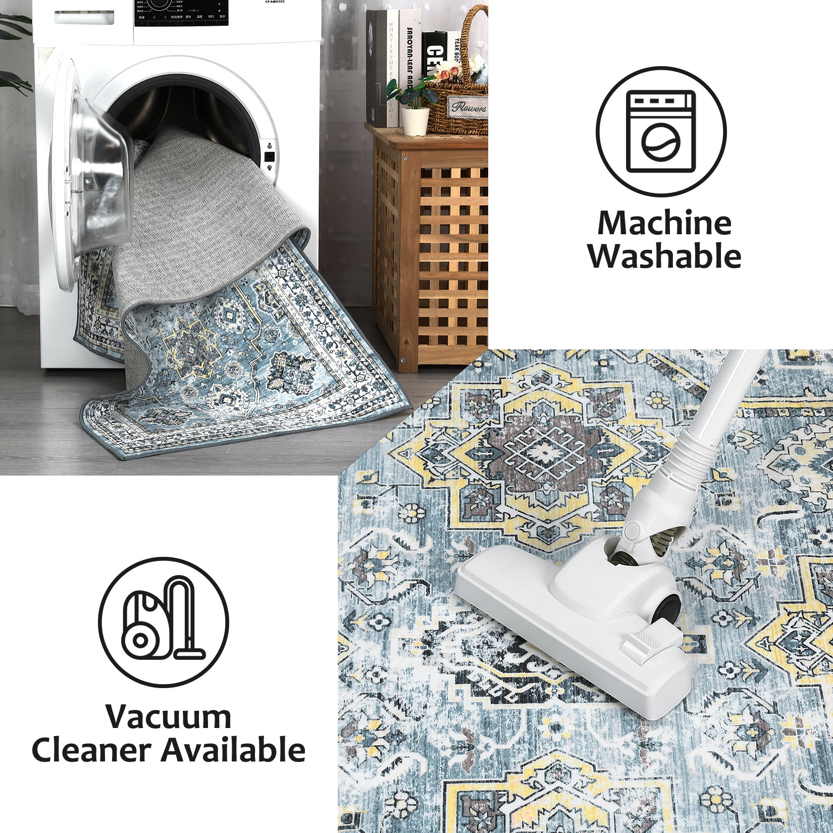 Garvee Boho Blue 6x9 Washable Rug, Oriental Vintage Non Slip Soft Faux Wool Stain Resistant Carpet for Living Room, Bedroom, Office