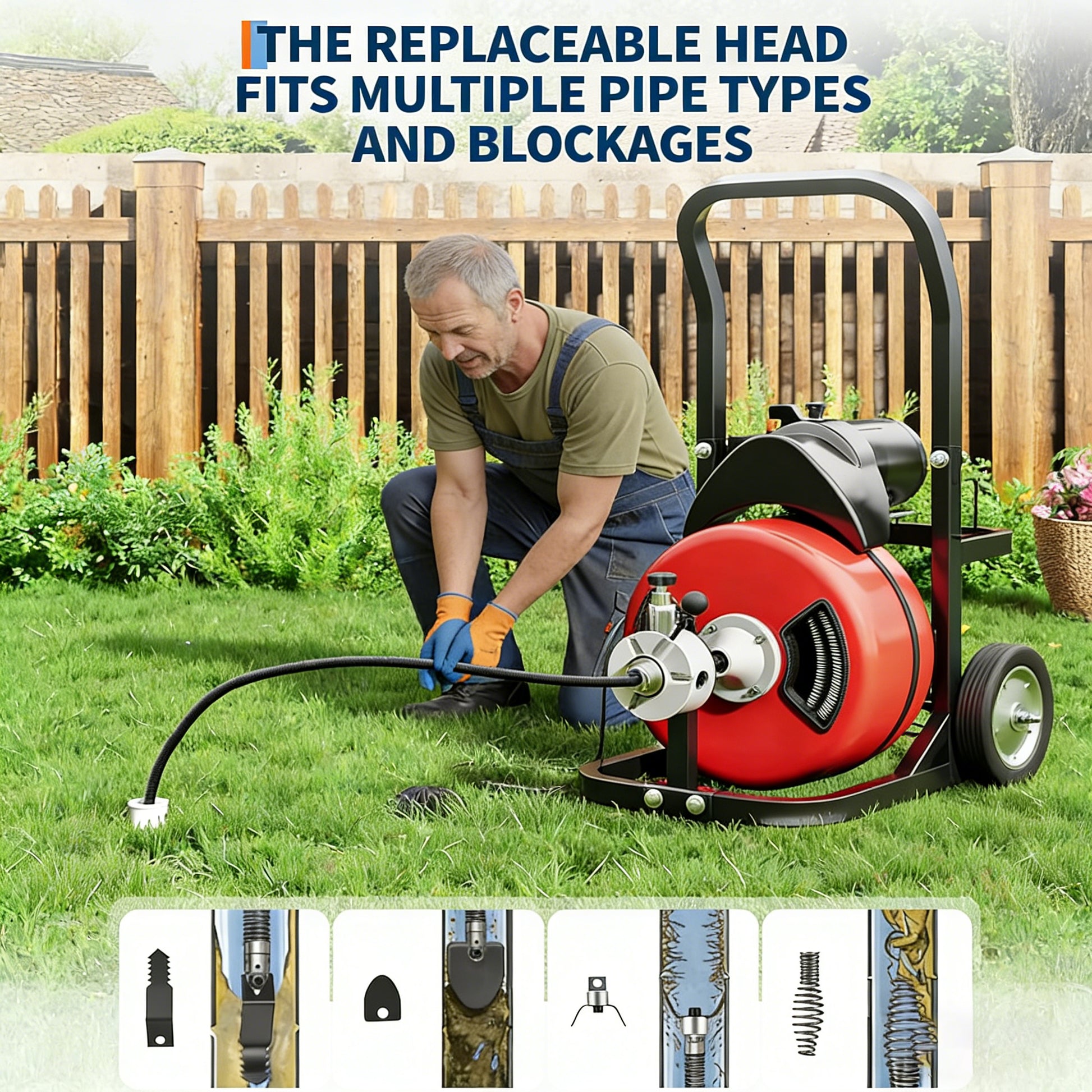 Garvee Drain Cleaner Machine 100FT x 3/8 Inch Steel Core Cable Portable 370W Electric Drain Cleaning Machine With Sewer Auger Cutter Air-Activated Foot Switch Wheels For Commercial Home