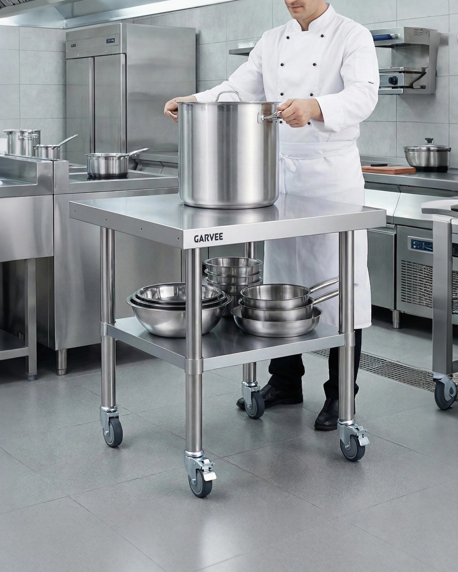 Garvee Heavy Duty Stainless Steel Commercial Work Table - 24x30 Inch - 3-Sided Detachable Backsplash - Adjustable Undershelf - Locking Casters - Mobile Food Prep Station for Restaurant, Kitchen, Garage, Bakery - Size: 24x30 inches