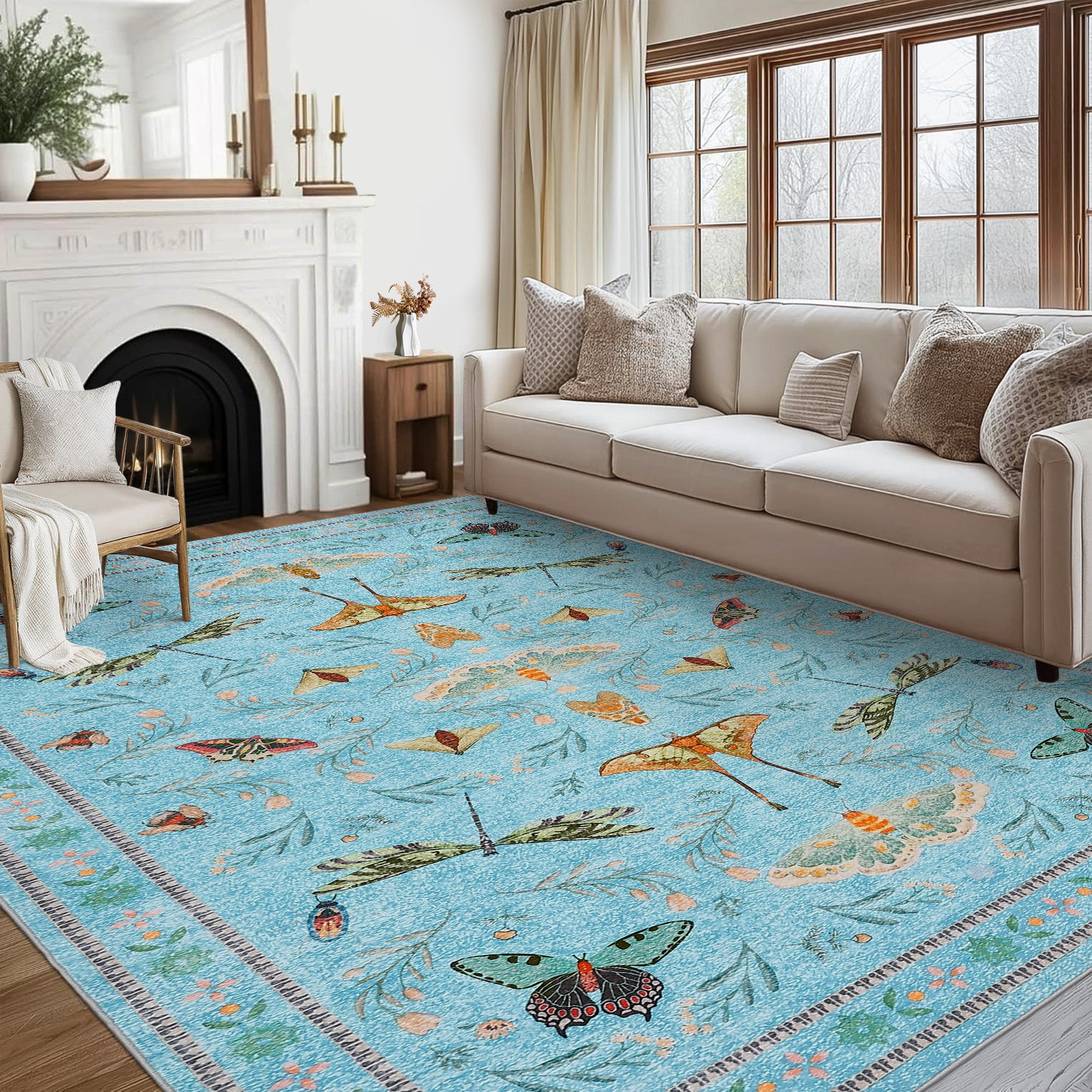 Garvee Blue Butterfly 4x6 Washable Non Slip Low Pile Stain Resistant Ultra Thin Insect Plant Rug for Living Room Nursery