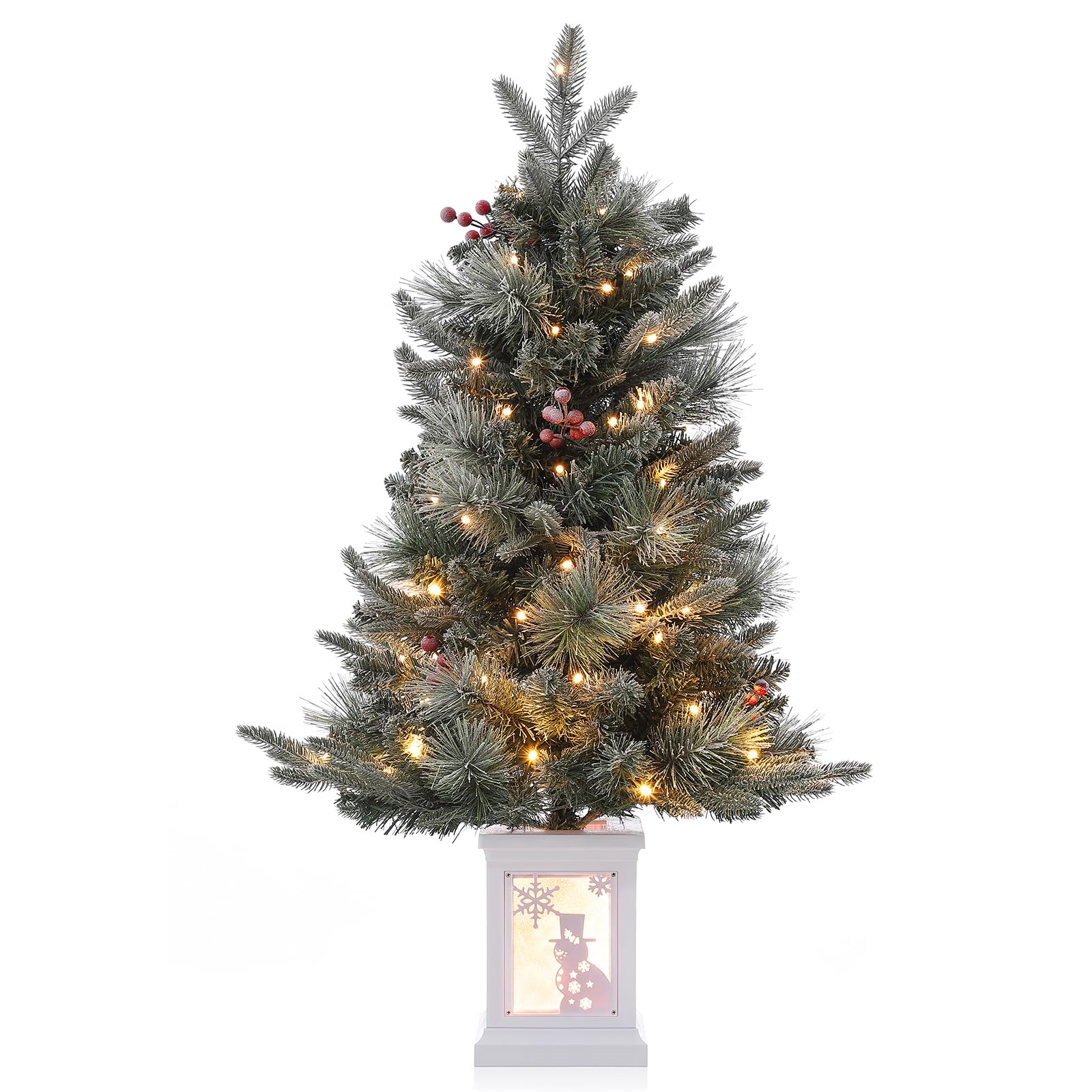 Garvee 3ft Prelit Premium Snow Flocked Artificial Christmas Tree with 78 Warm White LEDs, Mini Prelit Xmas Pine Tree for for Front Door, Porch, Entryway, Fireside Christmas Decoration, 1 PCS