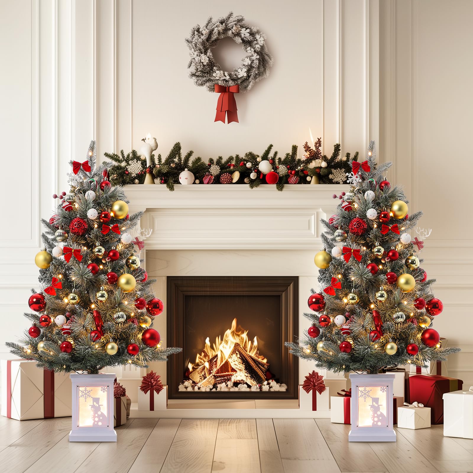 Garvee 3ft Prelit Artificial Christmas Tree with 78 Warm White LEDs, Premium Mini Snow Flocked Xmas Pine Tree for for Front Door, Porch, Entryway, Fireside Christmas Decoration, 2 PCS