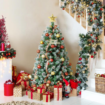 Garvee 4.5ft Pre-Lit Christmas Tree with 359 Tips, Snow Flocked PVC Branches, Metal Stand, White Pine Cones, Full Artificial Holiday Décor for Home & Office