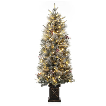 Garvee 4.5ft Artificial Christmas Tree, Pre-Lit Potted Snow Flocked Christmas Tree with 108 LED Lights & 8 Lighting Modes Fake Xmas Tree with Red Berries, Christmas Decoration for Porch Entryway