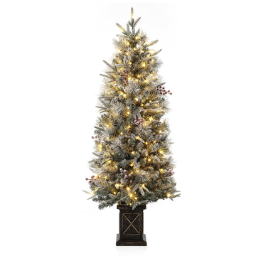 Garvee 4.5ft Artificial Christmas Tree, Pre-Lit Potted Snow Flocked Christmas Tree with 108 LED Lights & 8 Lighting Modes Fake Xmas Tree with Red Berries, Christmas Decoration for Porch Entryway