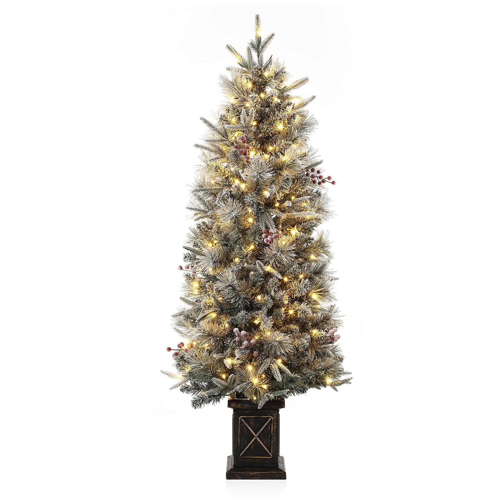 Garvee 4.5ft Artificial Christmas Tree, Pre-Lit Potted Snow Flocked Christmas Tree with 108 LED Lights & 8 Lighting Modes Fake Xmas Tree with Red Berries, Christmas Decoration for Porch Entryway