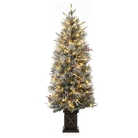 Garvee 4.5ft Artificial Christmas Tree, Pre-Lit Potted Snow Flocked Christmas Tree with 108 LED Lights & 8 Lighting Modes Fake Xmas Tree with Red Berries, Christmas Decoration for Porch Entryway