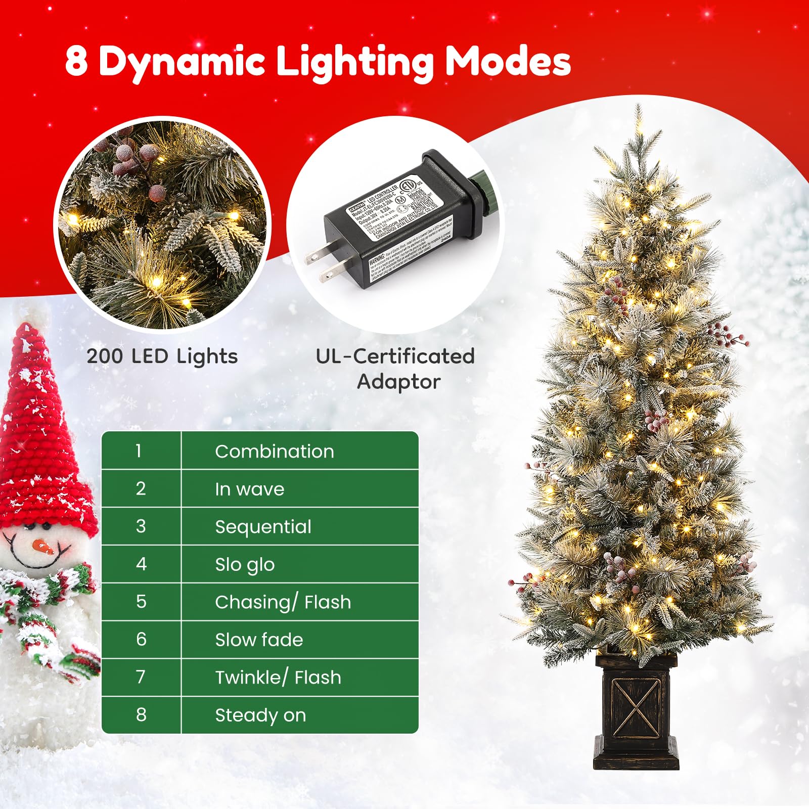 Garvee 4.5ft Xmas Tree, Pre Lit Snow Flocked Artificial Christmas Tree with 200 LED Lights & 8 Lighting Modes, Premium Christmas Pine Tree for Christmas Decoration, Yard, Home, Office