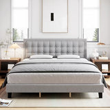 Garvee Queen Size Linen Upholstered Bed Frame + Adjustable Headboard + Strong Wooden Slats + Noise-Free + No Box Spring Needed + Easy Assembly + Grey - Gray