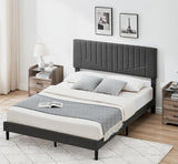 Garvee Queen Bed Frame Upholstered Platform with Adjustable Headboard, Modern Striped Design, Wooden Slats Support, No Box Spring Needed, Solid Metal Frame, Cozy Linen Fabric, Whisper-Quiet, Easy Assembly - Light Gray