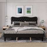 Garvee Queen Size Faux Leather Upholstered Platform Bed Frame - Wood Slats, Adjustable Headboard, and Heavy Duty Mattress Foundation, Noise Free Design and No Box Spring Needed in Black - Black
