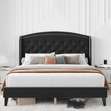 Garvee Queen Size Upholstered Platform Bed + Wingback Headboard + Button Tufted Design + Wood Slat Support + Easy Assembly + No Box Spring Needed + Black - Black