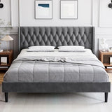 Garvee Queen Size Bed Frame, Modern Tufted Button Wingback Upholstered Headboard, Wooden Slats, Noise-Free, Light Grey, Easy Assembly - Gray